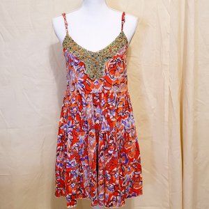 FREE PEOPLE Orange Purple Blue Floral Sundress with Beaded Neckline